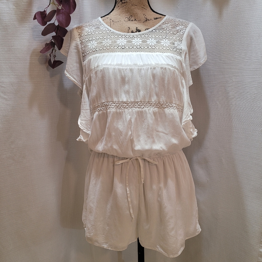 American Eagle Flutter Sleeve White Lace Romper - Picture 2 of 6